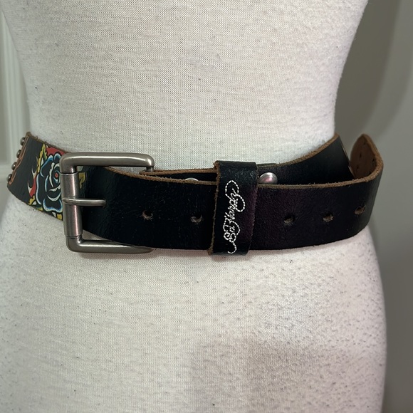 Ed Hardy leather retro Y2K biker hearts & rose, stud belt with embroidery size M main image 14